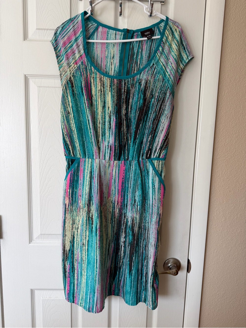 Massimo Teal Stripe-Print Midi Dress with Pink & Cream Accents